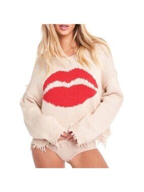 Wildfox "First Kiss" Luna Lip Frayed-Hem Cropped Sweater Size XS Boxy Oversized